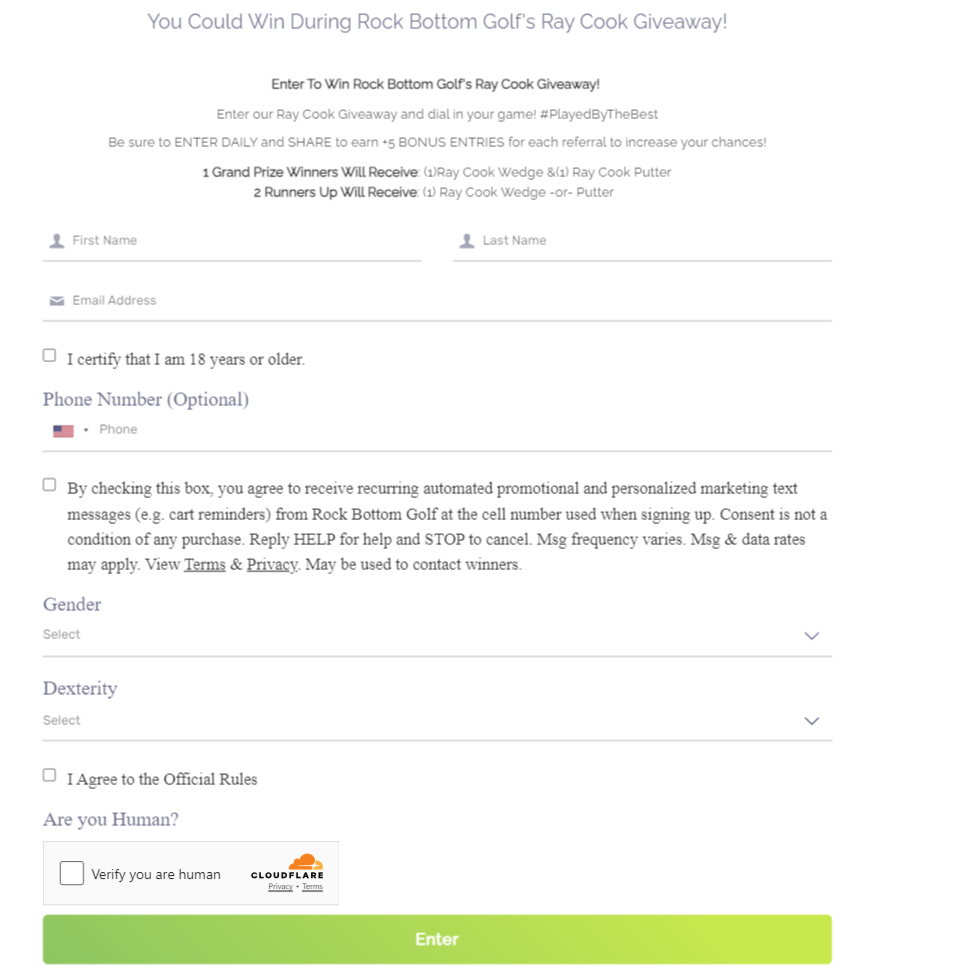 Rock Bottom Golf promotional image for Ray Cook gear giveaway, highlighting prizes such as putters and wedges.